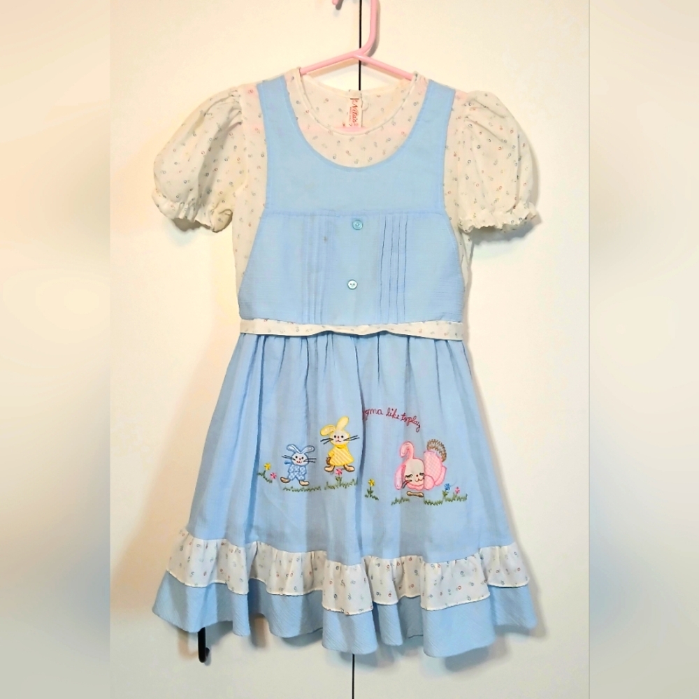 Vintage 1980s Girls Dress Size 7 Nita’s Made in Philippines Bunny Embroidery
